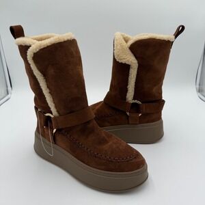 NWOT Odissi Suki Suede Harness Winter Booties Shearling Lined Platform Boots 8.5